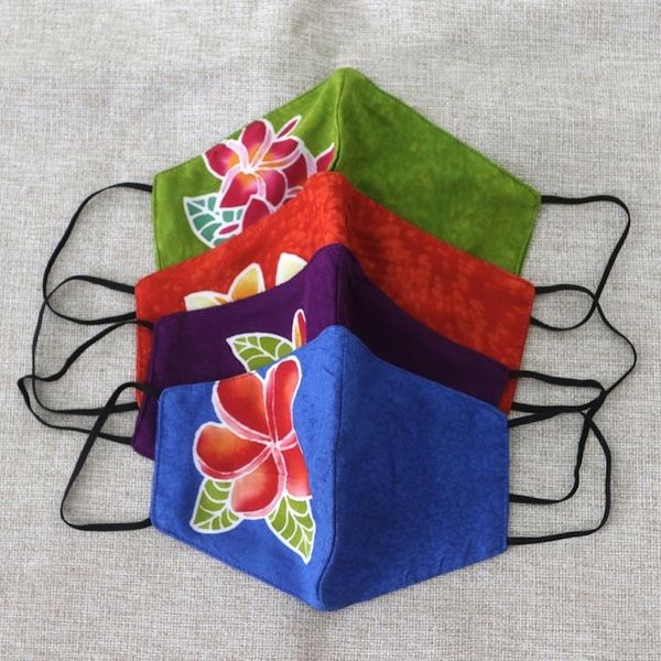 Alternate image for 4 Hand-Painted Plumeria on Balinese Batik 2-Layer Face Masks Island Plumeria
