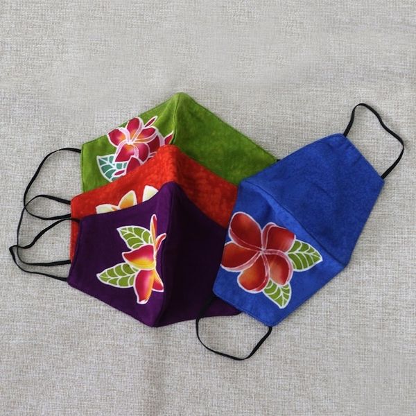 Alternate image for 4 Hand-Painted Plumeria on Balinese Batik 2-Layer Face Masks Island Plumeria