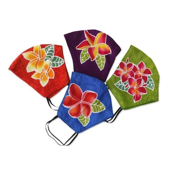 Alternate image for 4 Hand-Painted Plumeria on Balinese Batik 2-Layer Face Masks Island Plumeria