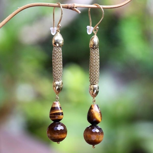 Alternate image for Gold-Accented Tigers Eye Dangle Earrings Golden Tiger