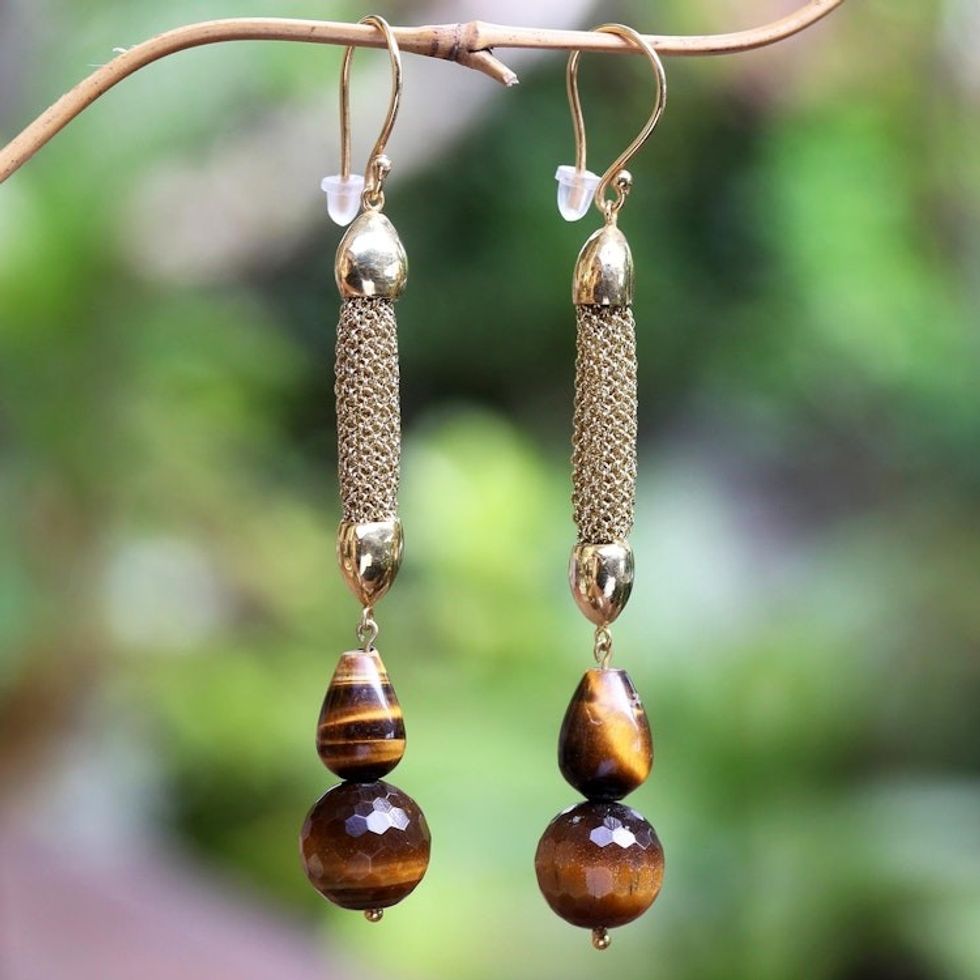 Gold-Accented Tiger's Eye Dangle Earrings 'Golden Tiger'