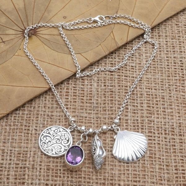 Alternate image for Amethyst and Sterling Silver Shell-Motif Pendant Necklace Ocean Trip
