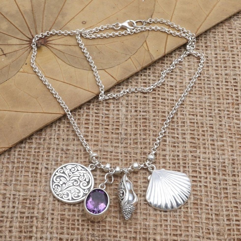 Amethyst and Sterling Silver Shell-Motif Pendant Necklace 'Ocean Trip'