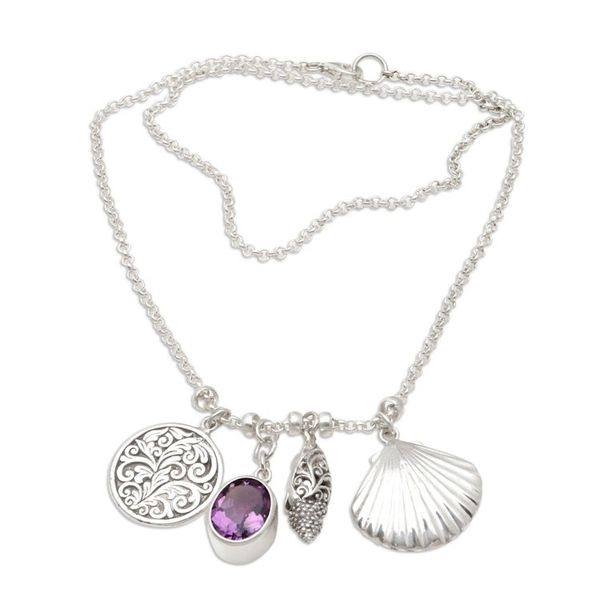 Alternate image for Amethyst and Sterling Silver Shell-Motif Pendant Necklace Ocean Trip