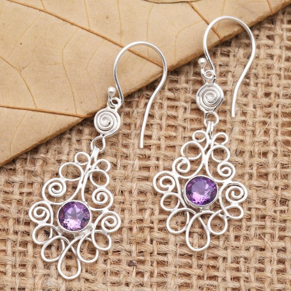 Amethyst and Sterling Silver Dangle Earrings 'Moringa Leaves in Purple'