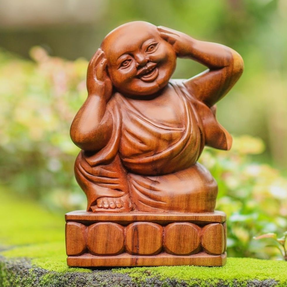 Hand Made Suar Wood Buddha Sculpture 'Hear No Evil'