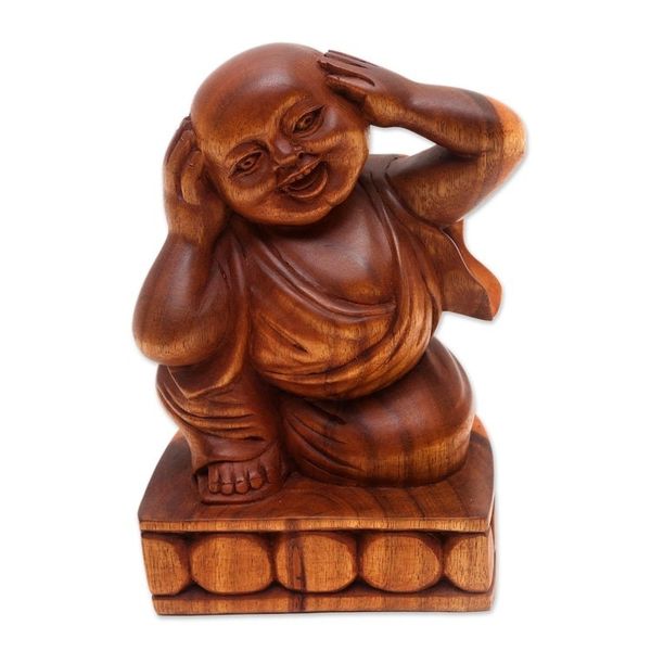 Alternate image for Hand Made Suar Wood Buddha Sculpture Hear No Evil