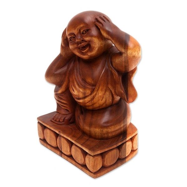 Alternate image for Hand Made Suar Wood Buddha Sculpture Hear No Evil