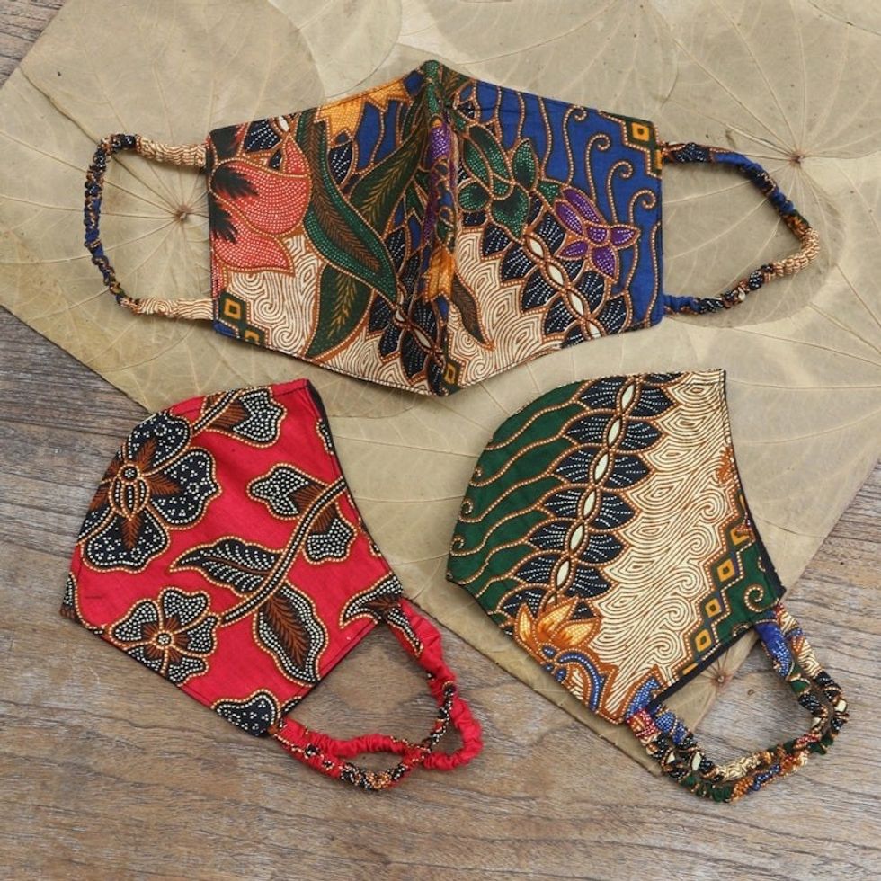 Two Layer Cotton Face Masks Set of 3 'Vintage Batik'