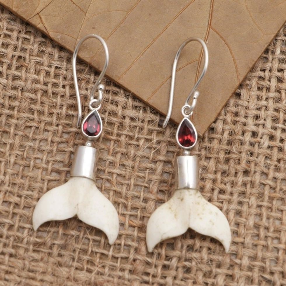 Garnet and Bone Mermaid Tail Dangle Earrings 'Mermaid Swim'