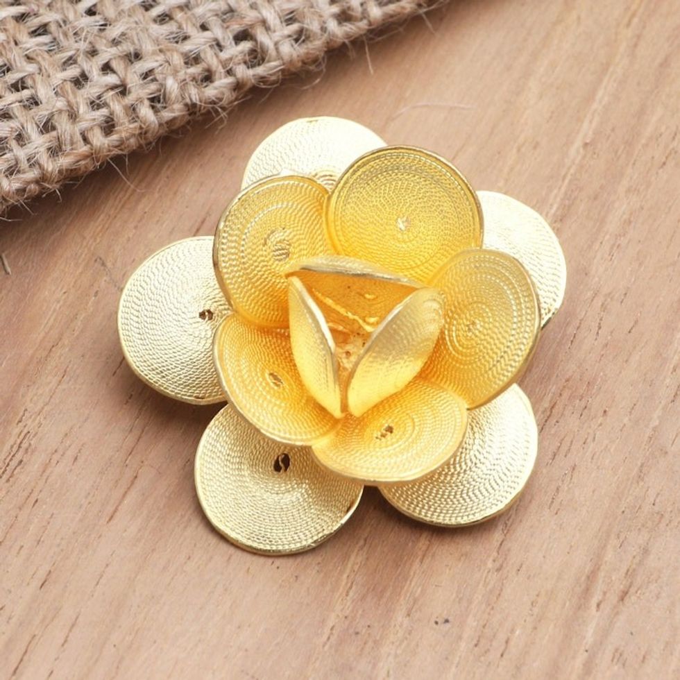 Hand Made Gold-Plated Sterling Silver Flower Brooch 'Plumeria Glow'