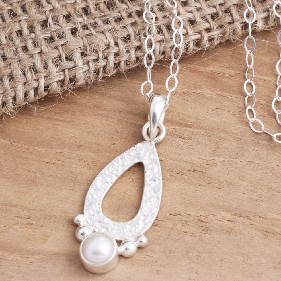 Hammered Sterling Silver and Cultured Pearl Pendant Necklace 'Purpose'