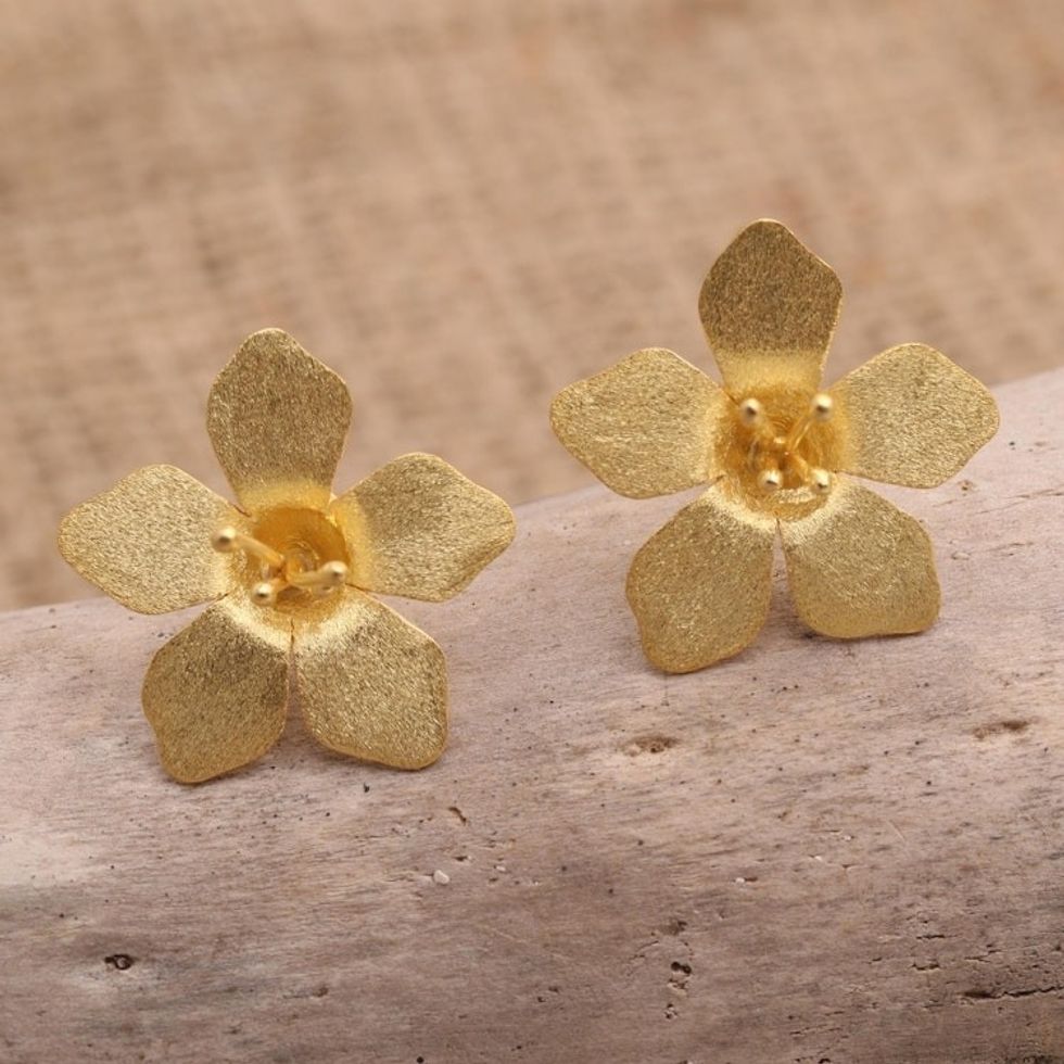 Gold-Plated Floral Button Earrings 'Golden Hibiscus'