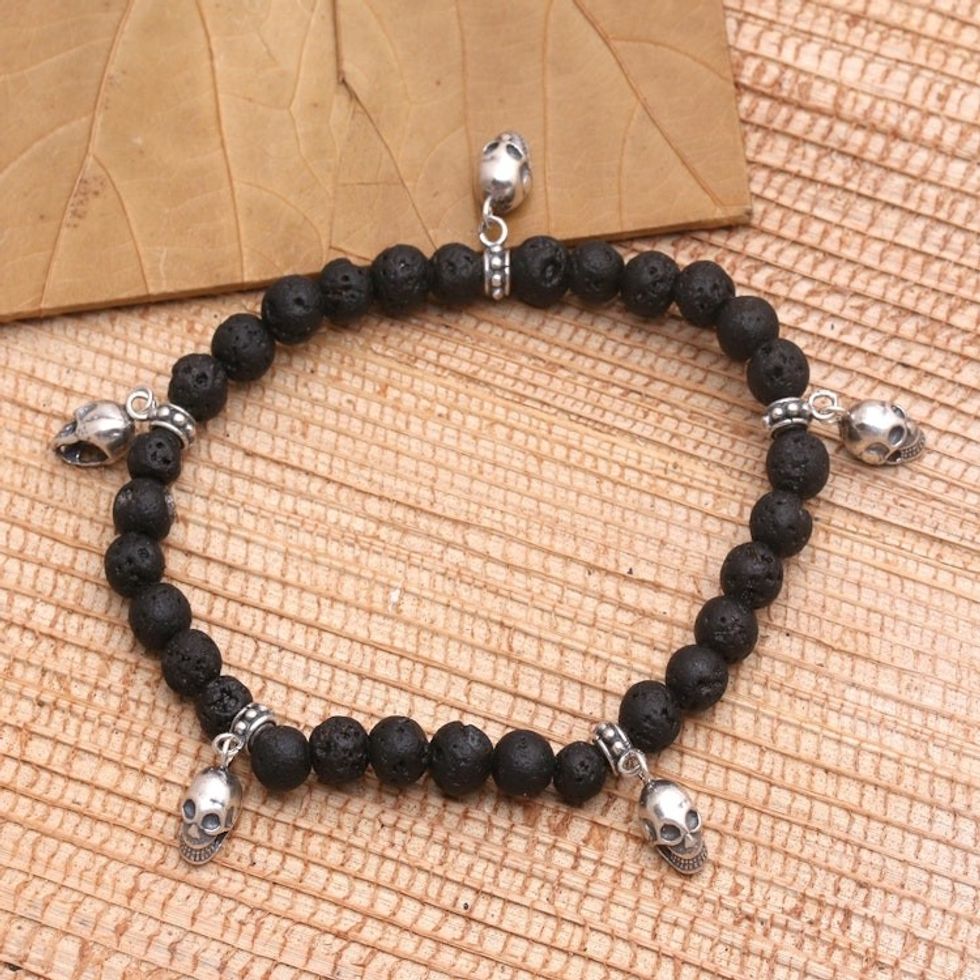 Lava Stone and Sterling Silver Beaded Skull Bracelet 'Lava Skulls'
