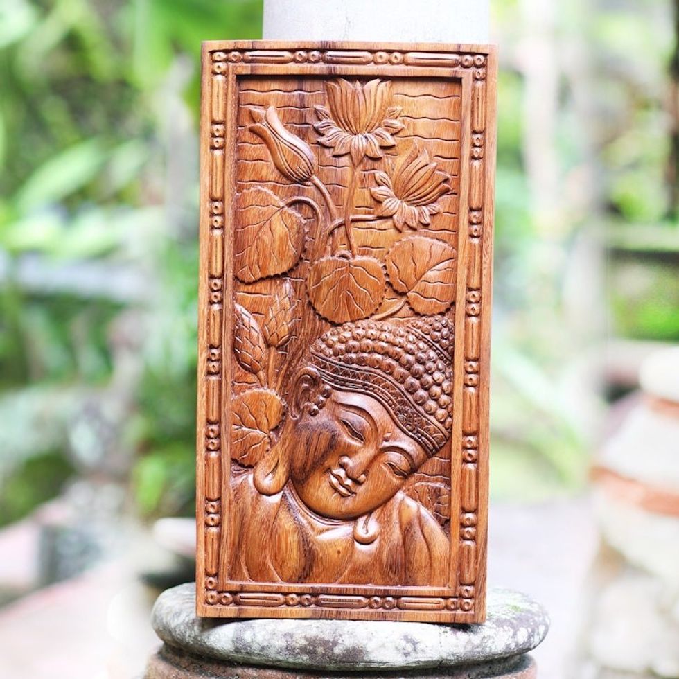 Handmade Suar Wood Buddha Relief Panel 'Lotus Tangle'