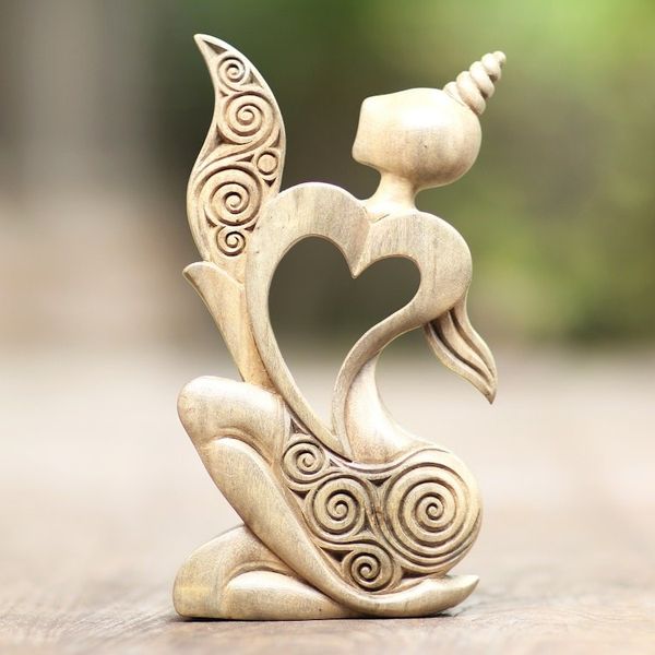 Alternate image for Artisan Crafted Heart-Themed Hibiscus Wood Statuette Romantic Woman