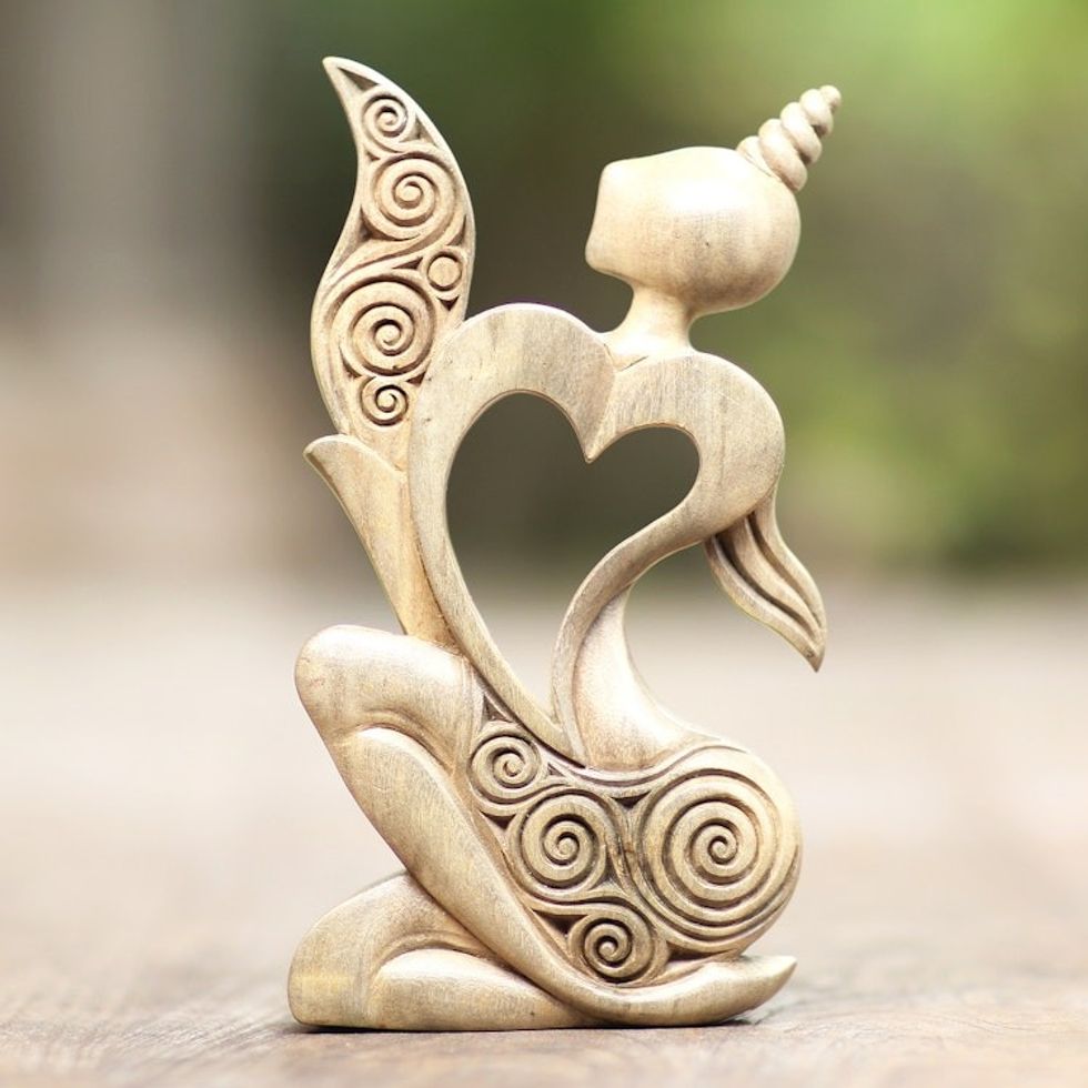 Artisan Crafted Heart-Themed Hibiscus Wood Statuette 'Romantic Woman'