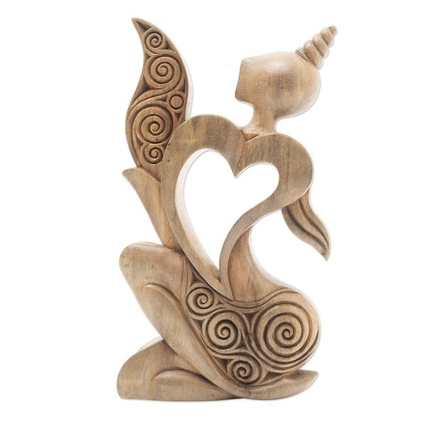 Alternate image for Artisan Crafted Heart-Themed Hibiscus Wood Statuette Romantic Woman