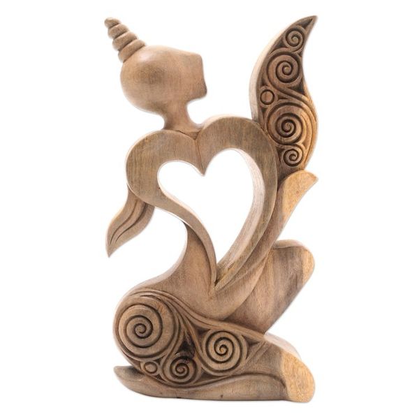 Alternate image for Artisan Crafted Heart-Themed Hibiscus Wood Statuette Romantic Woman