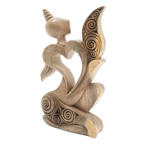 Alternate image for Artisan Crafted Heart-Themed Hibiscus Wood Statuette Romantic Woman