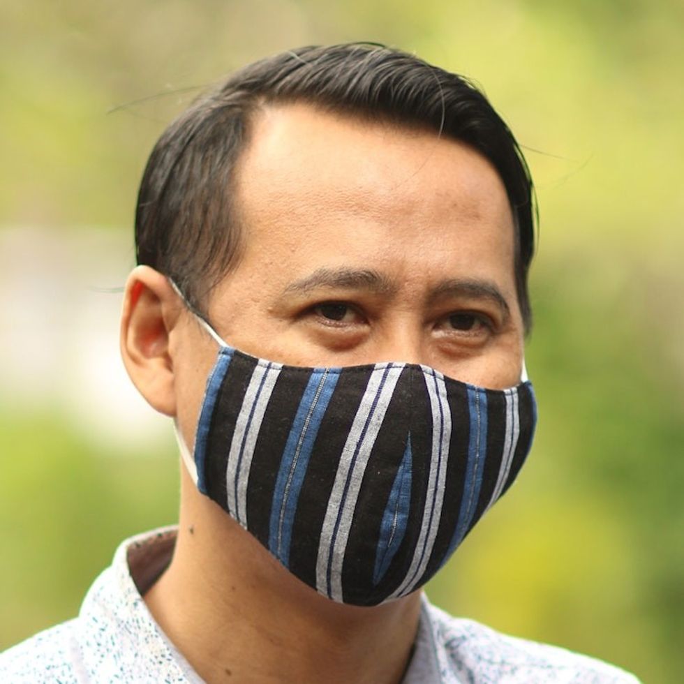 3 Handwoven Cotton Lurik Contoured 2-Layer Blue Face Masks 'Javanese Blues'
