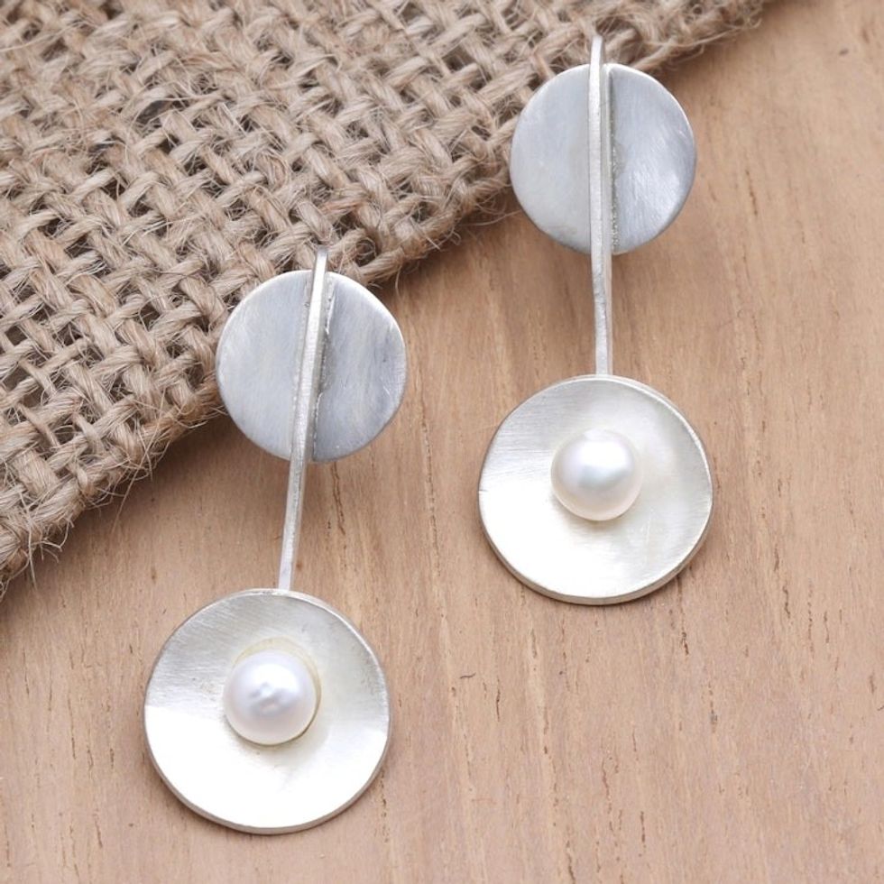 Hand Crafted Pearl and Sterling Silver Drop Earrings 'Silver Spoons'