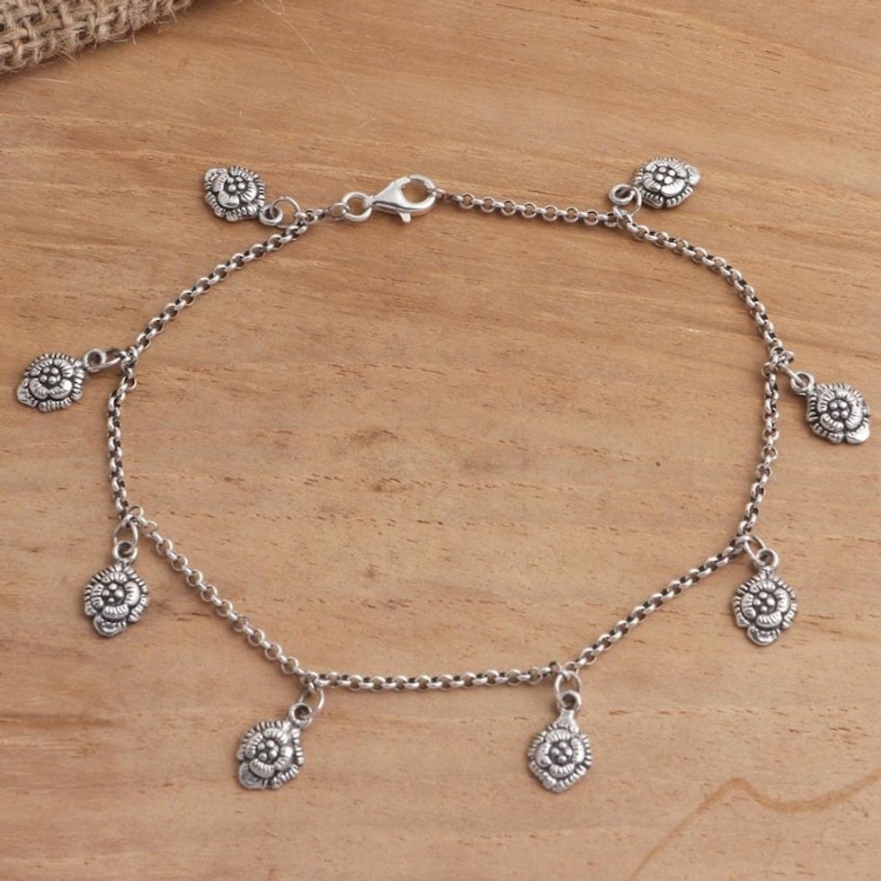 Hand Made Sterling Silver Floral Charm Anklet 'Floral Gleam'