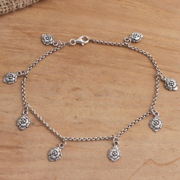 Alternate image for Hand Made Sterling Silver Floral Charm Anklet Floral Gleam
