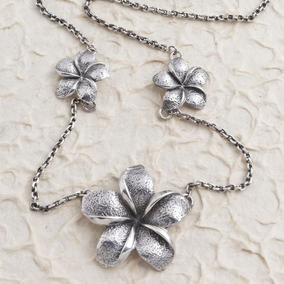 Hand Made Sterling Silver Flower Station Necklace 'Ancient Jepun'