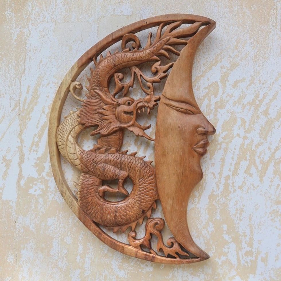 Hand Carved Wood Relief Wall Panel Moon and Dragon 'Dragon Crescent'