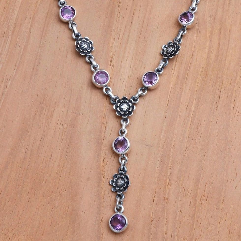 Sterling Silver and Amethyst Floral Pendant Necklace 'Imperial Sunflowers'