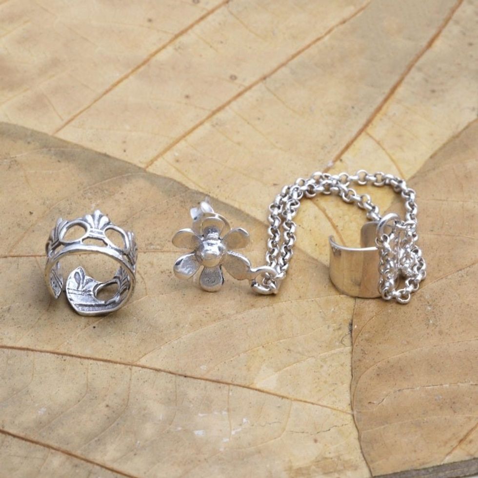 Sterling Silver Floral Themed Ear Cuff Earrings Pair 'Blossom Queen'