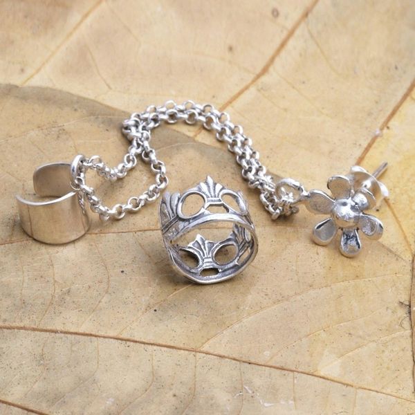 Alternate image for Sterling Silver Floral Themed Ear Cuff Earrings Pair Blossom Queen