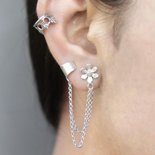Alternate image for Sterling Silver Floral Themed Ear Cuff Earrings Pair Blossom Queen