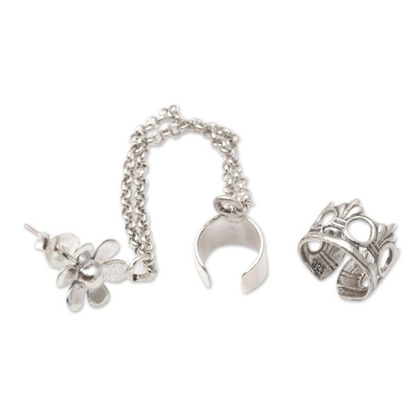 Alternate image for Sterling Silver Floral Themed Ear Cuff Earrings Pair Blossom Queen