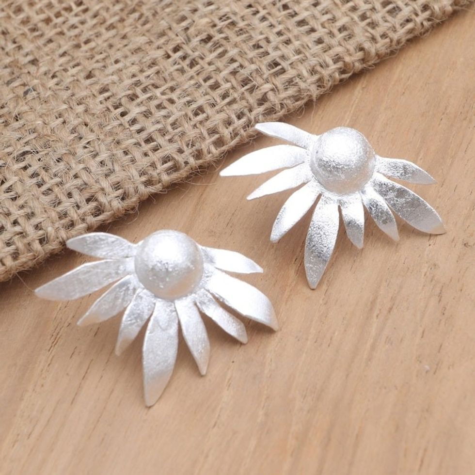 Floral-Motif Sterling Silver Drop Earrings 'Soul Flower'