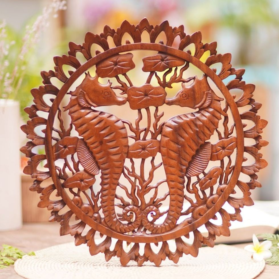 Handmade Suar Wood Relief Panel 'Seahorse Couple'