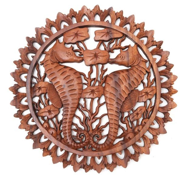 Alternate image for Handmade Suar Wood Relief Panel Seahorse Couple