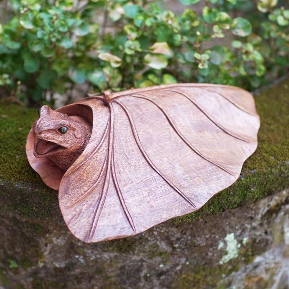 Handmade Suar Wood Frog Sculpture 'Chilly Frog'