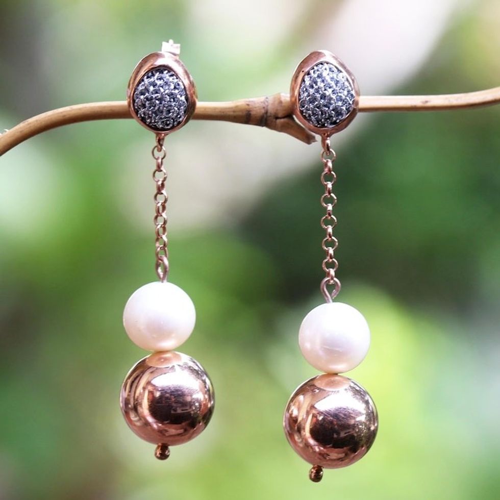 Rose Gold-Plated Cultured Pearl Dangle Earrings 'Rosy Lanterns'
