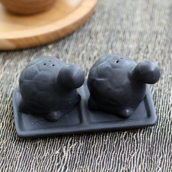 Alternate image for Matte Black Ceramic Turtle Salt and Pepper Shakers with Tray Tortoise Friends in Black