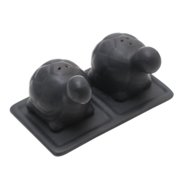 Alternate image for Matte Black Ceramic Turtle Salt and Pepper Shakers with Tray Tortoise Friends in Black