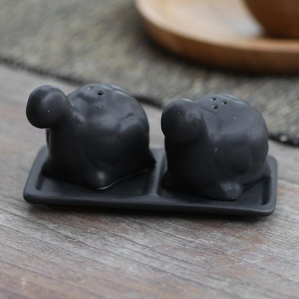 Alternate image for Matte Black Ceramic Turtle Salt and Pepper Shakers with Tray Tortoise Friends in Black