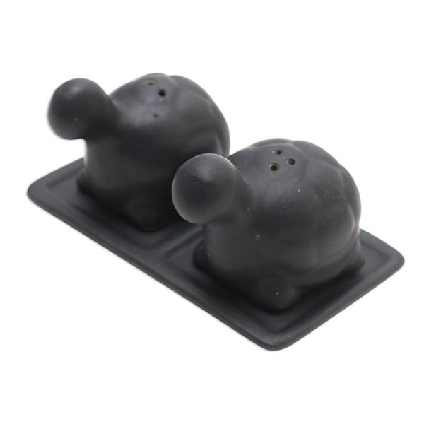 Alternate image for Matte Black Ceramic Turtle Salt and Pepper Shakers with Tray Tortoise Friends in Black