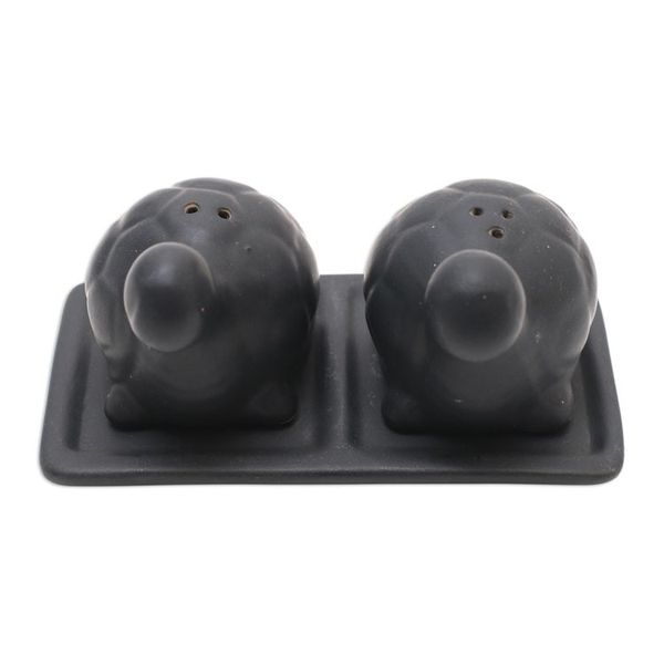 Alternate image for Matte Black Ceramic Turtle Salt and Pepper Shakers with Tray Tortoise Friends in Black