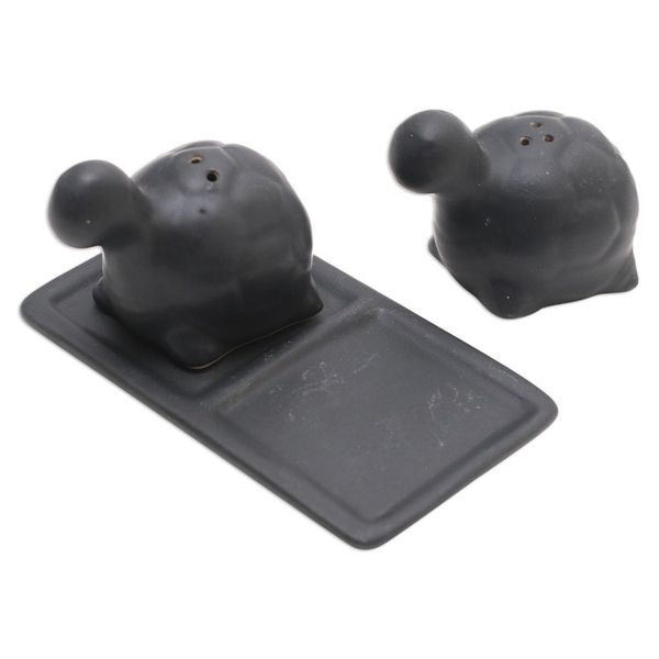 Alternate image for Matte Black Ceramic Turtle Salt and Pepper Shakers with Tray Tortoise Friends in Black