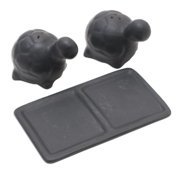 Alternate image for Matte Black Ceramic Turtle Salt and Pepper Shakers with Tray Tortoise Friends in Black