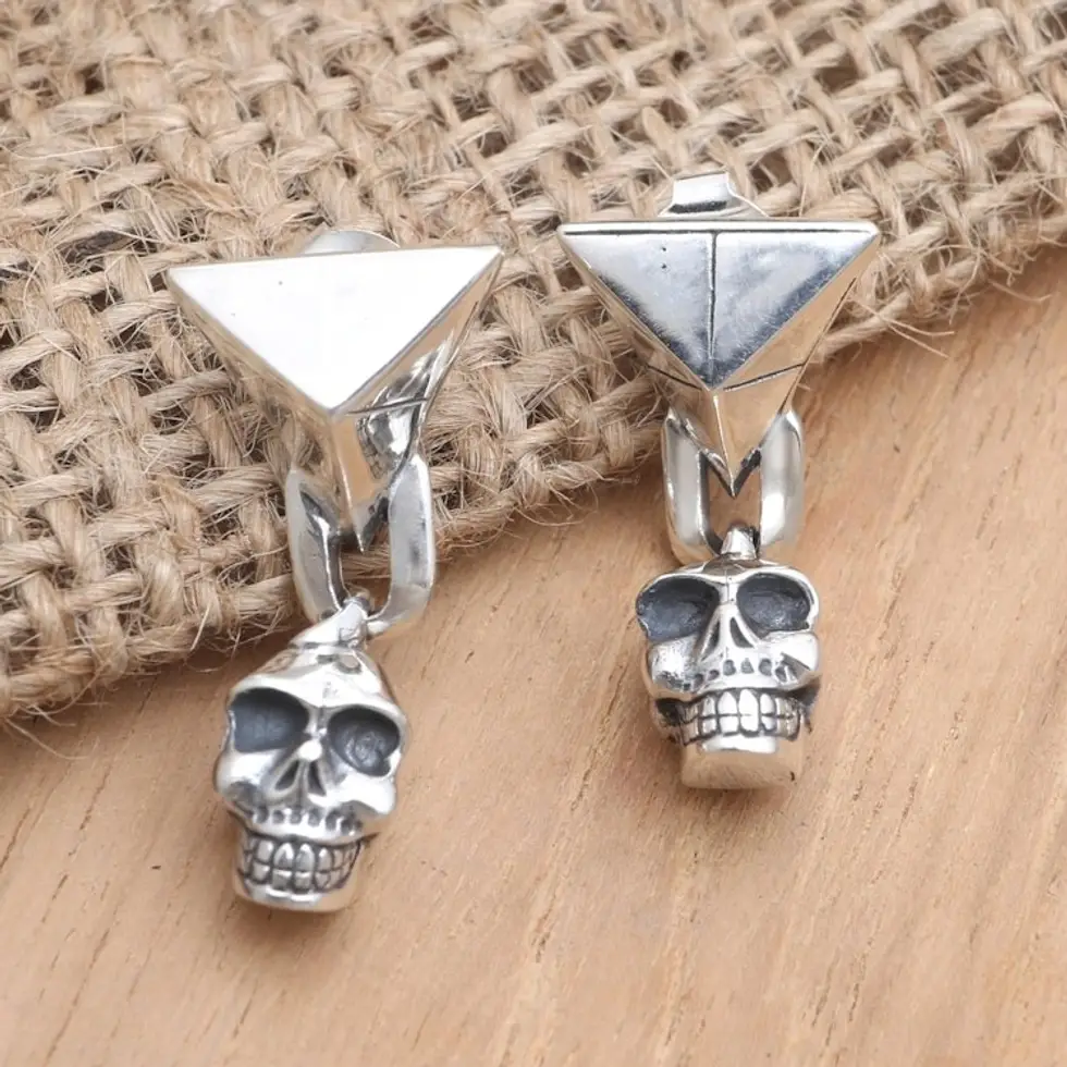 Handmade Sterling Silver Skull Dangle Earrings 'Burning Skull'