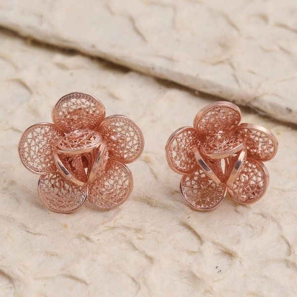 Alternate image for Hand Made Rose Gold Plated Flower Button Earrings Flowery Love