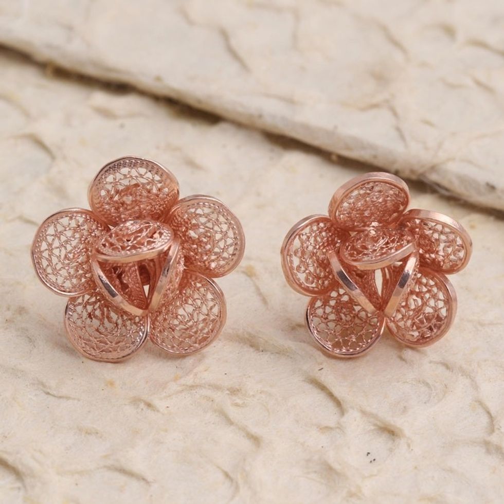 Hand Made Rose Gold Plated Flower Button Earrings 'Flowery Love'